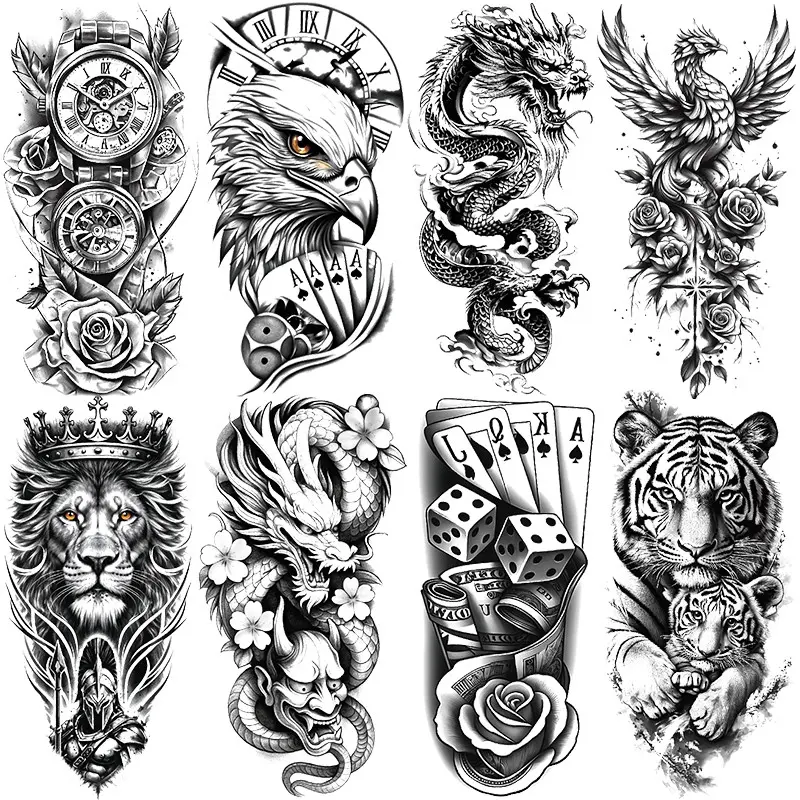 8 Animal Pattern Waterproof Temporary Tattoo Stickers, Large Half Arm Tattoos, Lion, Tiger, Eagle, Dragon, Party, Festival, Daily Wear, Temporary Fake Tattoos