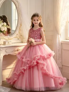 Girls' Elegant Sequined Dress, Princess Wedding Gown, Birthday Party Dress, Show Host, Piano Performance Evening Wear