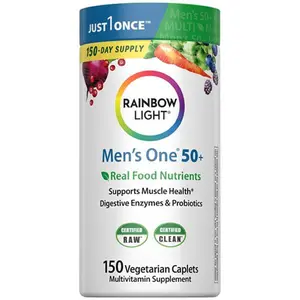 NEW !!! Rainbow Light Mens Multivitamin One + | 150 Caplets | Supports Cellular Energy & Immune Health | with Vitamins C, D, and Zinc | Real Food Nutrients, Digestive Enzymes & Probiotics