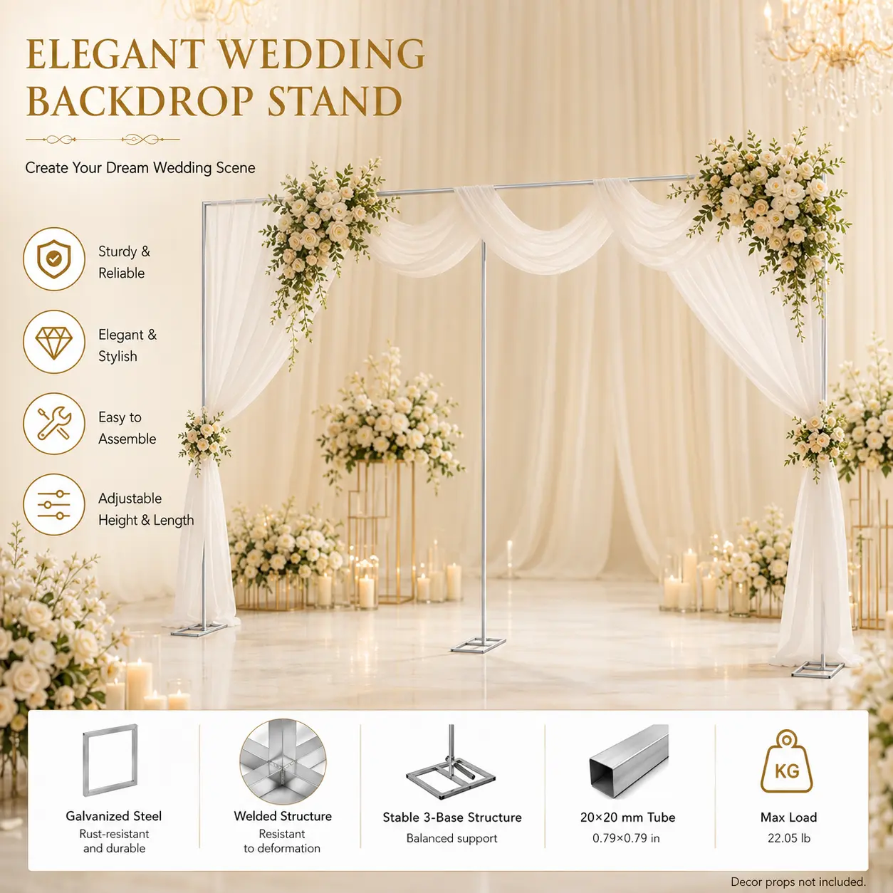 Wedding Arch Backdrop Stand Stainless Steel Pipe and Drape Frame Adjustable 3 to 9.8 Feet Height 6.5 to 19.7 Feet Width 22 Pound Load Capacity for Party Stage Photo Booth Trade Show Display Banners