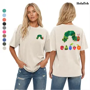 Holafish 100% Cotton Crewneck Streetwear T-Shirt, Retro Acid Wash "The Very Hungry Caterpillar" Dual Side Graphic Printed Unisex Fashion Tees outdoorfun