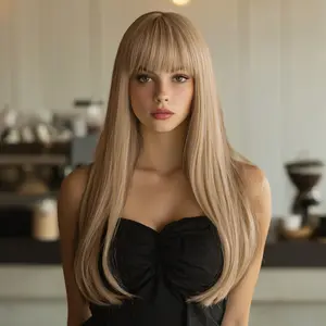 SMILCO/24-Inch | Gold Straight Synthetic Wig With  Bangs | SM7683 Straight Synthetic Wig
