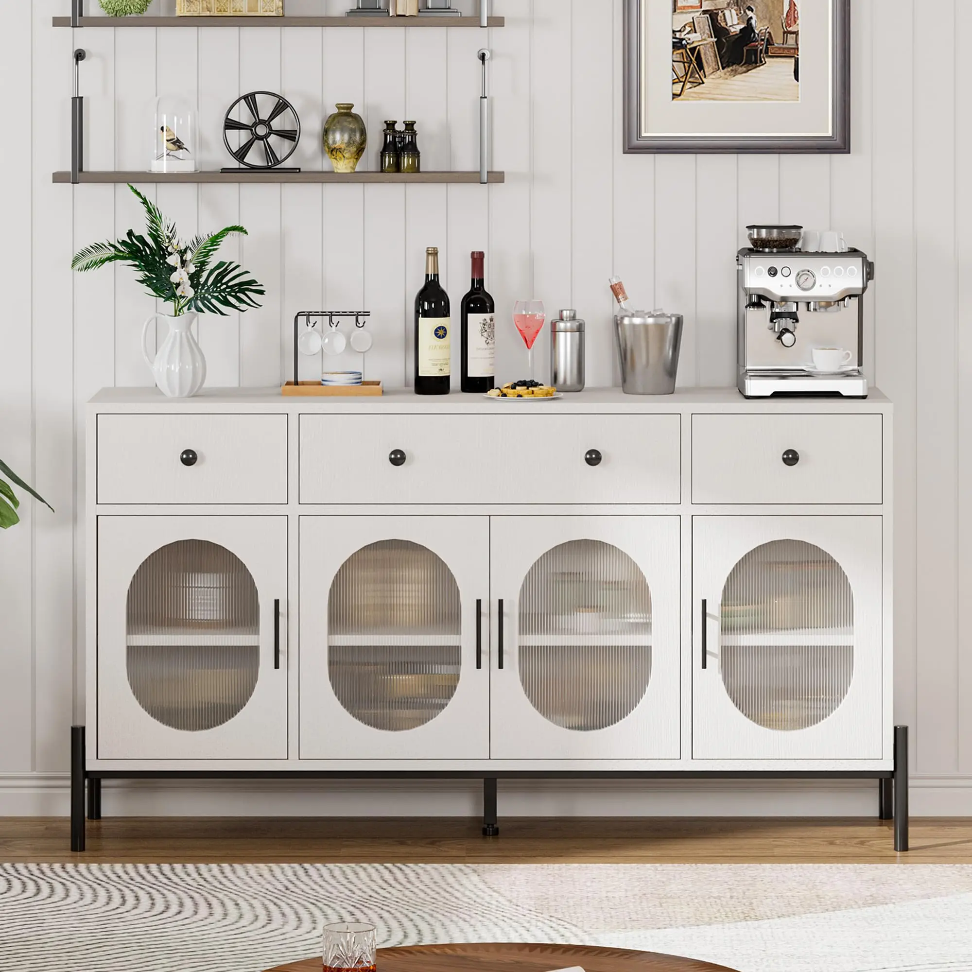【GARVEE】62" Large Sideboard Buffet Cabinet with Storage, Featuring 3 Drawers and 4 Fluted Glass Doors, Ideal for Dining Room, Kitchen, or Living Room, Available in Black and White Finishes