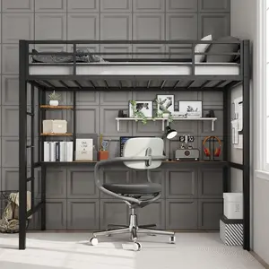 Gaomon Twin Size Loft Bed with Stairs, Steel Frame, Large Desk, Storage Shelves, Safety Rail, Easy Setup, Space-Saving Indoor Furniture for Kids, Bedroom (Black and Brown)