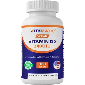 Vitamatic High Dose Vitamin D2 60 mcg (2400 IU) Ergocalciferol - 180 Unflavored Gluten-Free Vegetarian Tablets - Magnesium-Infused Heart Health Dietary Supplement