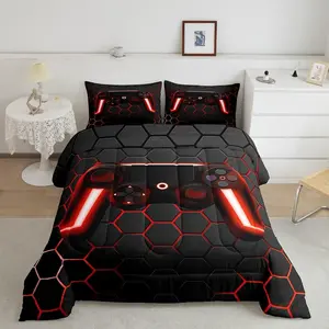 Feelyou Microfiber Gaming Bed Comforter Set - Comfy Theme Bedding Set with Soft Blanket, Neon Lights Gamepad Design, Red Grey Hexagon Geometric Pattern for Video Gamers