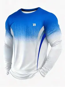 Men's Geometric Gradient Print Round Neck Long Sleeve T-Shirt, Casual Fashion Streetwear, Athletic Style Activewear, Suitable for Gym and Outdoor Activities, Fitness Clothes Tops