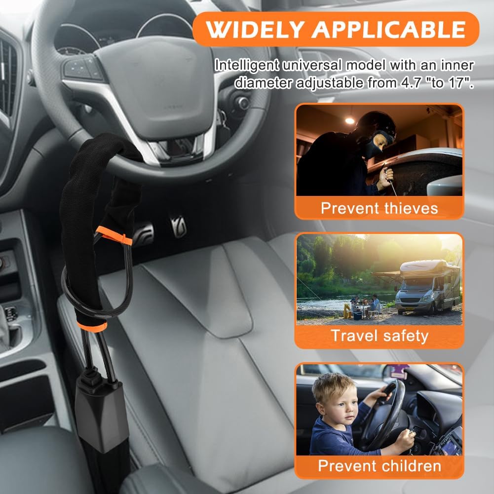 Car Steering Wheel Lock, 2 Pack Anti Theft Car Device with Max 17” Locking Length, Thickened Steel Wire, and Fine Stitched Edges, 3 Keys Included, Easy to Store, Fits Most Vehicles, SUVs