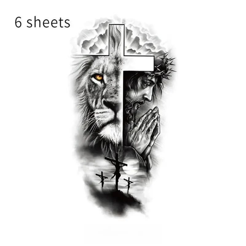 Waterproof Temporary Tattoo Stickers Set, Temporary Fake Tattoos, Forest Lion Jesus Cross Realistic Design, Old School Arm Leg Tattoos, 6 Pieces, Perfect for Party & Festival Use