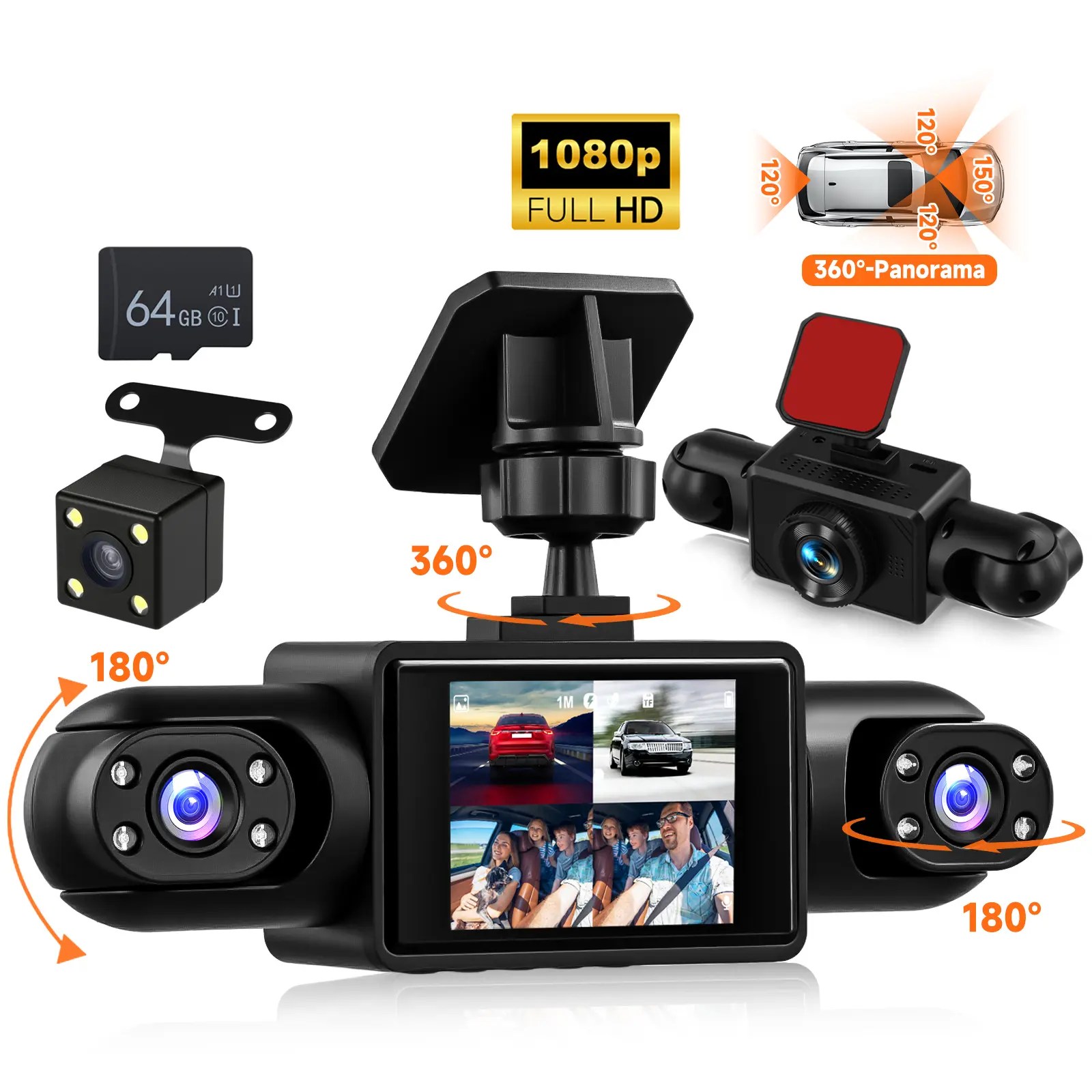 Quad-Lens 360° Safe Driving Camera, 1080P Front + 3×480P Multi-Angle Recording, 2" IPS Screen, 8 Night Vision Lights, Reverse Aid, Motion Detection, Loop Recording, 64GB Card Support, Exposure Compensation, Parking Monitor, Rear Lens Kit for All Vehicles