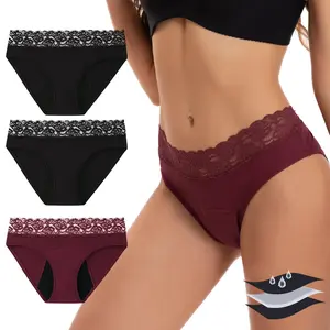 INNERSY Women's Lace Mid Waisted Cotton Period Panties 3-Pack