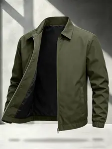 Men's Casual Lapel Jacket, Polyester, Zipper Closure, Wrinkle-Resistant, Breathable, Four-Season Wear, Side Pockets, Slim Fit, Versatile Style
