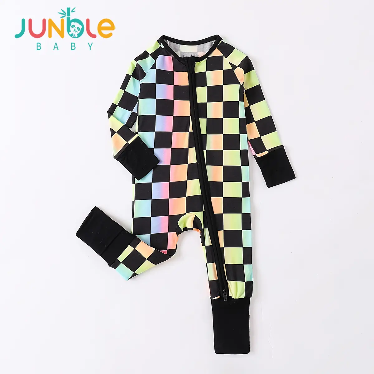 JUNBLEBABY Unisex Bamboo Long Sleeve Baby Romper, Stylish multi-color & black check print Sleeper with 2-Way Zipper & Convertible Footies, Infant (0-24M), Tight, Checkerboard, Regular, All Seasons, Baby Clothing, Sleepwear Outfits, Bamboo