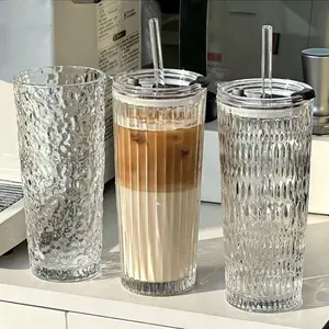 Reusable, Large Capacity Transparent Glass Coffee Cup with Lid & Straw, Food Grade BPA Free Leak-Proof Shatter-Resistant Tumbler, Dishwasher Safe Portable Drinkware for Iced Americano Latte Cold Brew, Perfect for Home Office Camping Travel Use