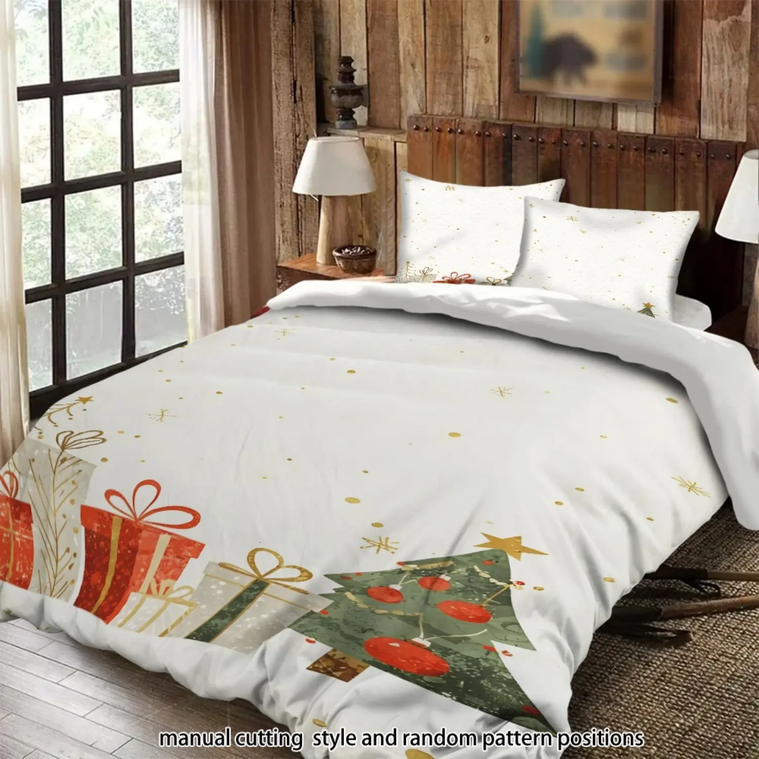Christmas gift set with Christmas tree and snowflake background, 3-piece comforter set, bedding set, suitable as a gift.