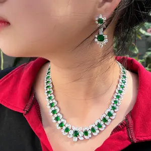 High-end custom-made luxurious emerald and zircon bracelet for formal event dress accessory set with full diamond inlay necklace and earrings set