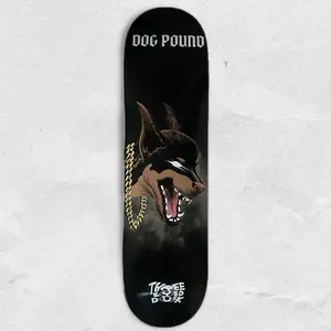 DOG POUND Skate Deck - Gold Variant - 8.25 - 7 ply maple deck - doberman with chains hand drawn art skateboard