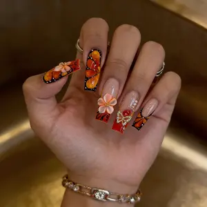 Trendy Butterfly Design & Flower Accents Nail Art Stickers, Acrylic Material Press-On Nails, Nail Decoration, Perfect for Parties & Dates, Includes Jelly Glue, File & Accessories