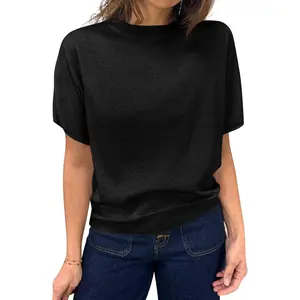 Saodimallsu Womens Short Sleeve Sweater Casual Basic Crew Neck Loose Knit Pullover Tops Summer Lightweight Blouses