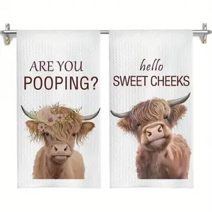 Hello Sweet Cheeks Highland Cow Towel Set, Humorous Farmhouse Bathroom Decor, Decorative Towels, 2-Pack 18x26 Inches, Perfect for Bathrooms & Restrooms