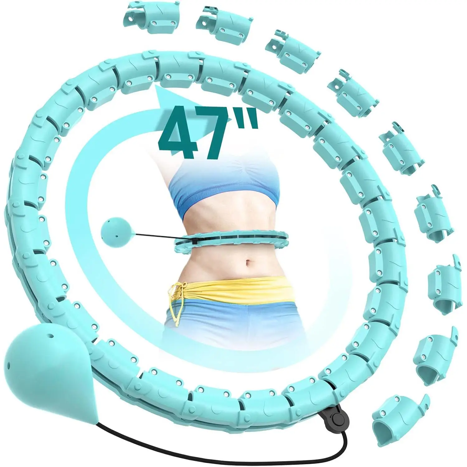 Detachable smart hula hoop - Cyan, with 24 solid segments Weighted Hula Circle Hoops for Adults , Plus Size 47 Inch, 24 Detachable Links, Exercise Hoop Suitable for Women Men,Smart Exercise Equipment