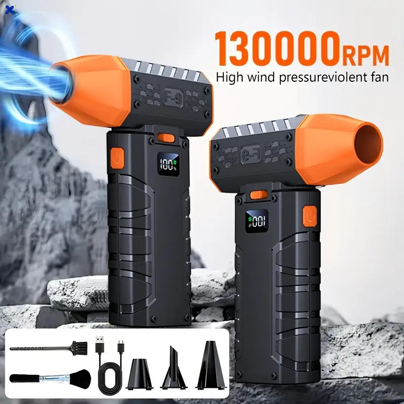 130000RPM Ultra Powerful Turbo Fan with Smart Display & LED Light, USB-C Fast Charging, 100 Adjustable Wind Speeds, Portable Blower for Car Dust Cleaning, Leaf Blowing, Cooling & BBQ Use