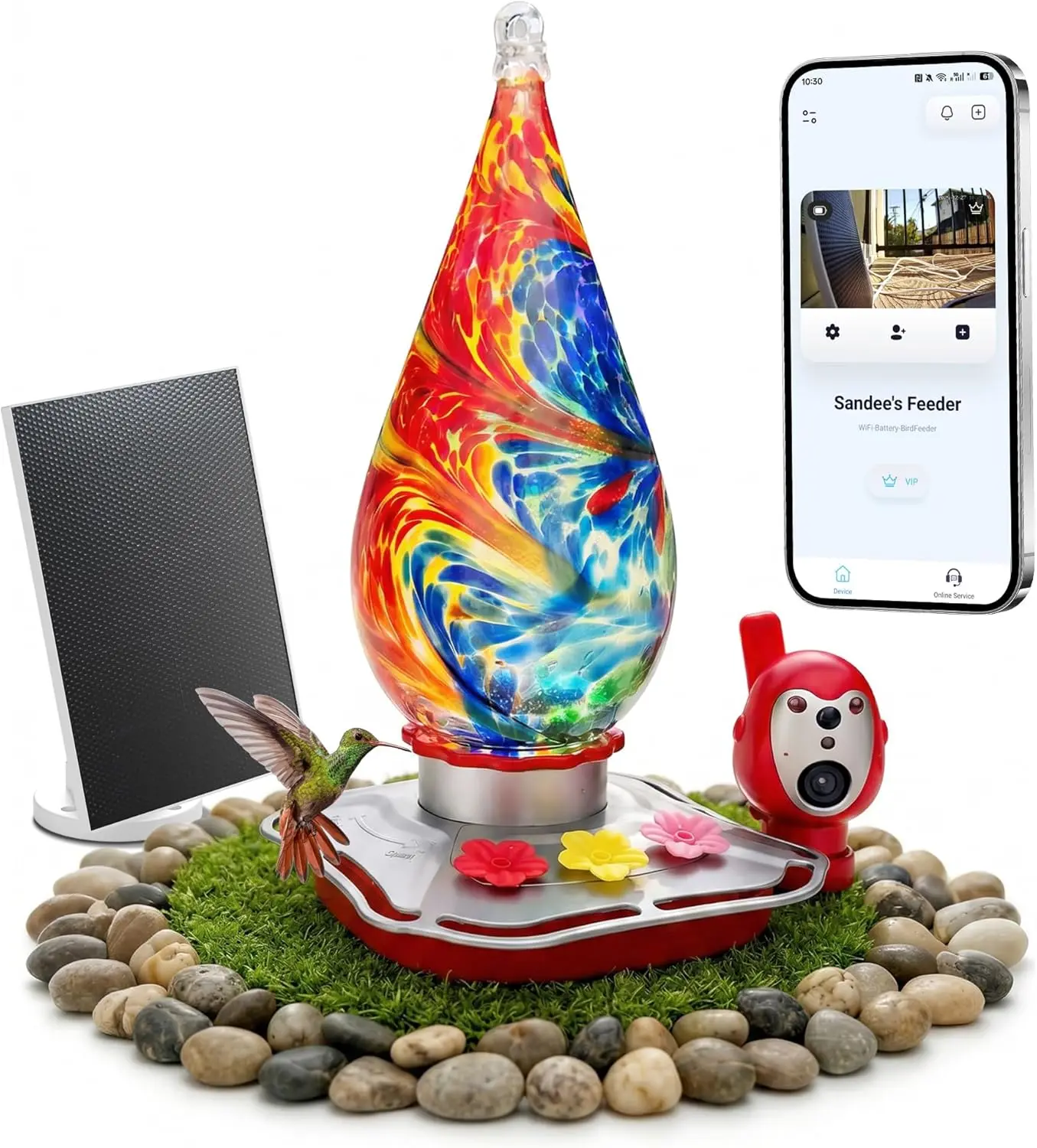 Anti-Leak Glass Hummingbird Feeder with 2K Solar Camera | 10K+ AI Bird ID (30-Day Trial), Nectar Level & Freshness Alerts, Motion Detection, Ant Moat, Gift for Bird Lovers