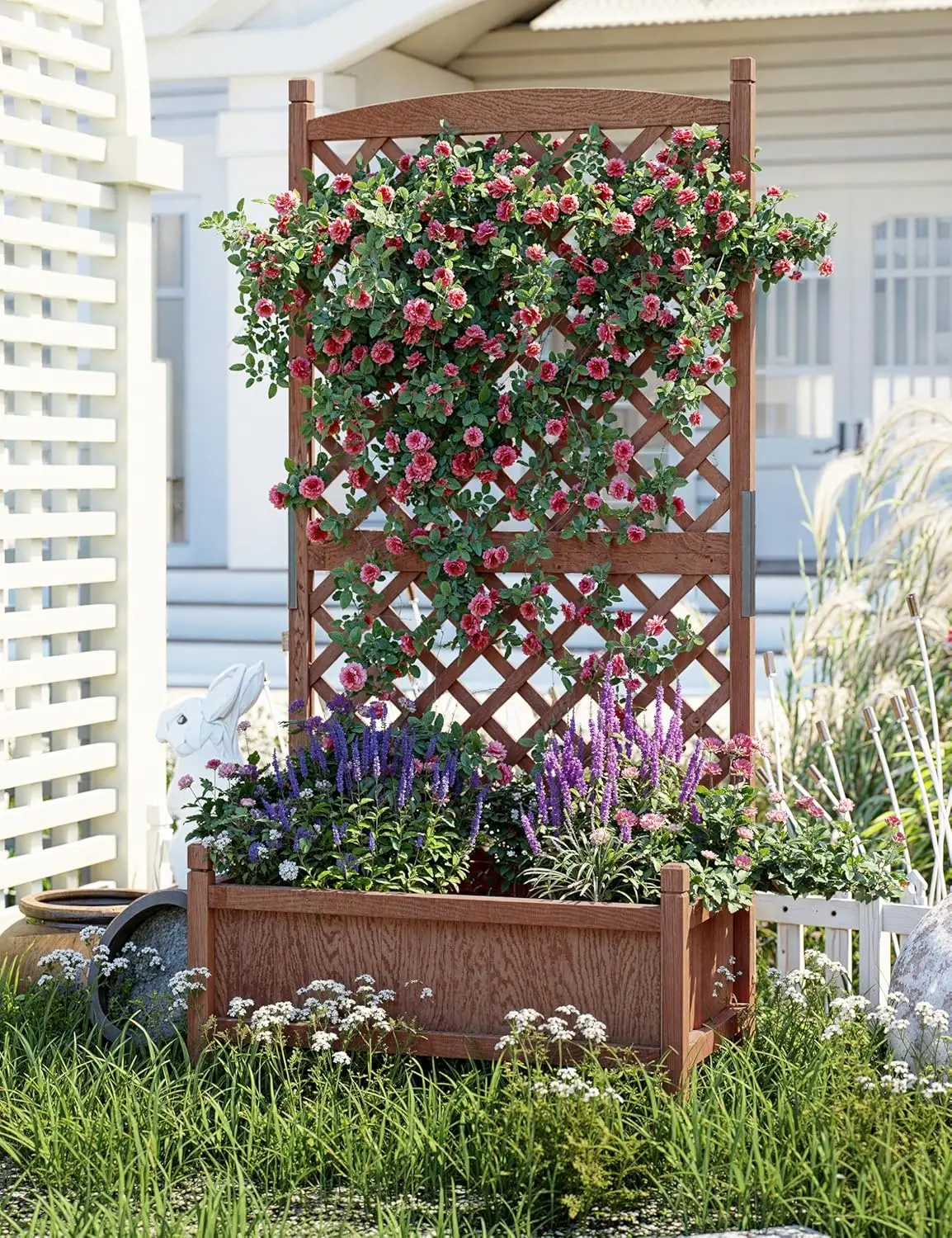 Fir Wood Vertical Raised Planter Box with Trellis - Climbing Planting Stand, Outdoor Planters, 29.5"x26"x61.5" Elevated Container Gardening Box with Wheels, Drainage Holes, Eco-Friendly for Patio Projects