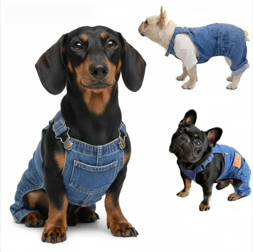 Breathable Graphic Denim Pet Overalls - Adjustable Fit, Multi-Size Cute Jumpsuits for Dachshunds, All Seasons Casual Wear, Hand Wash Only, Halloween Role Play, Photoshoots Outfits