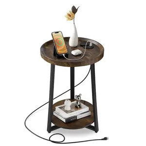 【Summervibes】VEVOR End Table, 2-Tier Round Side Table with Open Storage Shelves, Modern Nightstand Bedside Desk with USB & AC Charging Port, Wood Sofa Coffee Desk for Living Room, Bedroom, Office, Dorm, Brown
