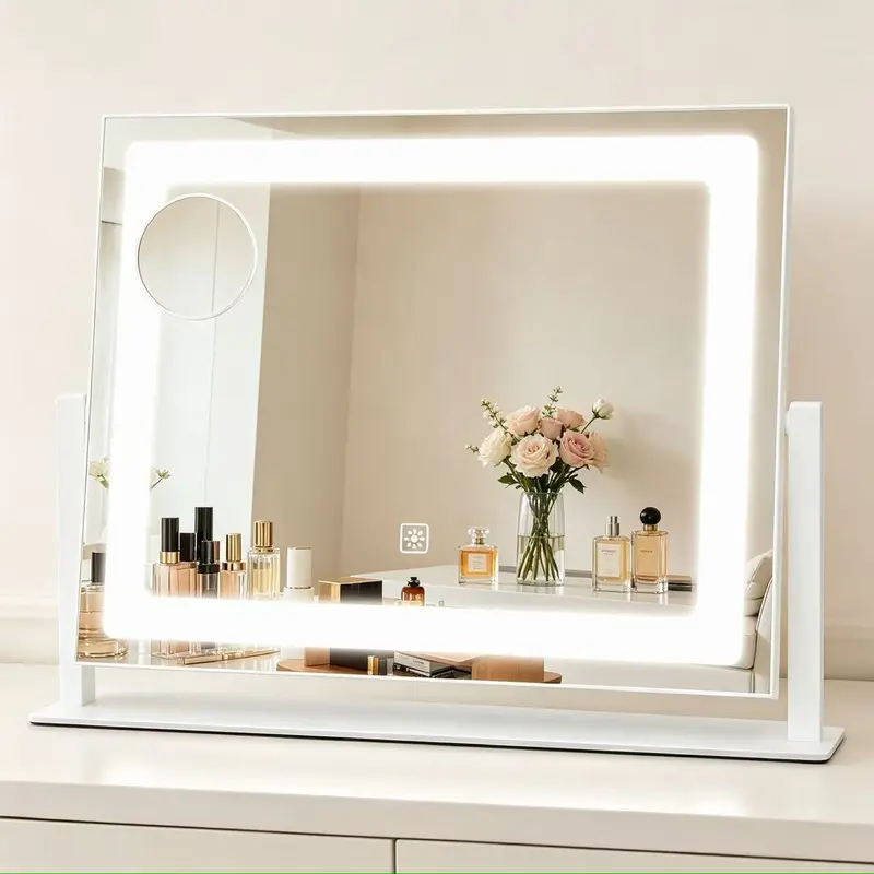 LED Illuminated Makeup Mirror - 16x12in Full Rim Vanity Mirror with Smart Touch On/Off Control, 3 Color Changing Lighting, Dimmable Adjustable Brightness for Bedroom Vanity Desk, Bathroom Use