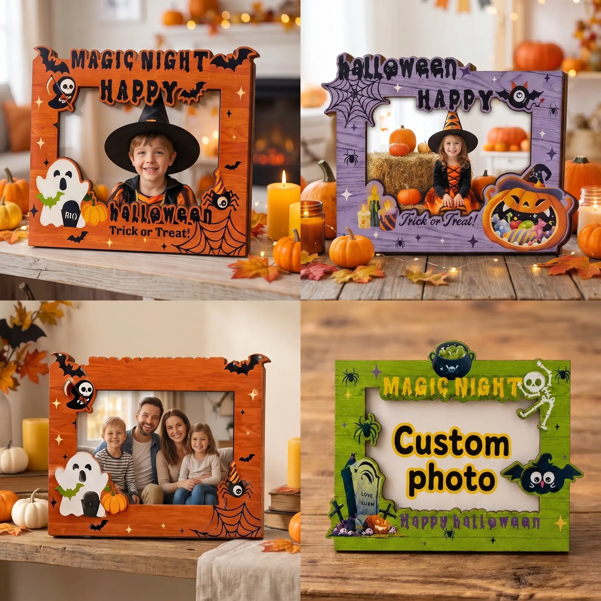 Personalized Halloween Photo Frame, Custom Wooden Picture Frame, Magic Night Halloween Decor, Cute Pumpkin Skeleton Gift