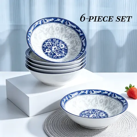 6pcs retro 6-inch blue and white ceramic bowl, high temperature resistant, microwave washable, dishwasher washable, suitable for household use, pasta, salad, fruit, holiday gatherings, restaurant kitchens, universal durable tableware
