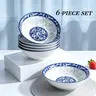 6pcs retro 6-inch blue and white ceramic bowl, high temperature resistant, microwave washable, dishwasher washable, suitable for household use, pasta, salad, fruit, holiday gatherings, restaurant kitchens, universal durable tableware
