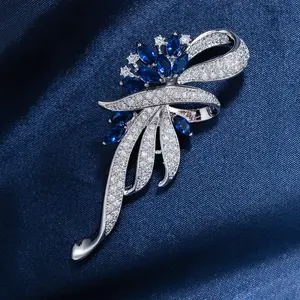 1 pc Brooch in Ribbon Blue flower shape Rhinestone and zirconia Shiny Decor for banquet Wedding occasion