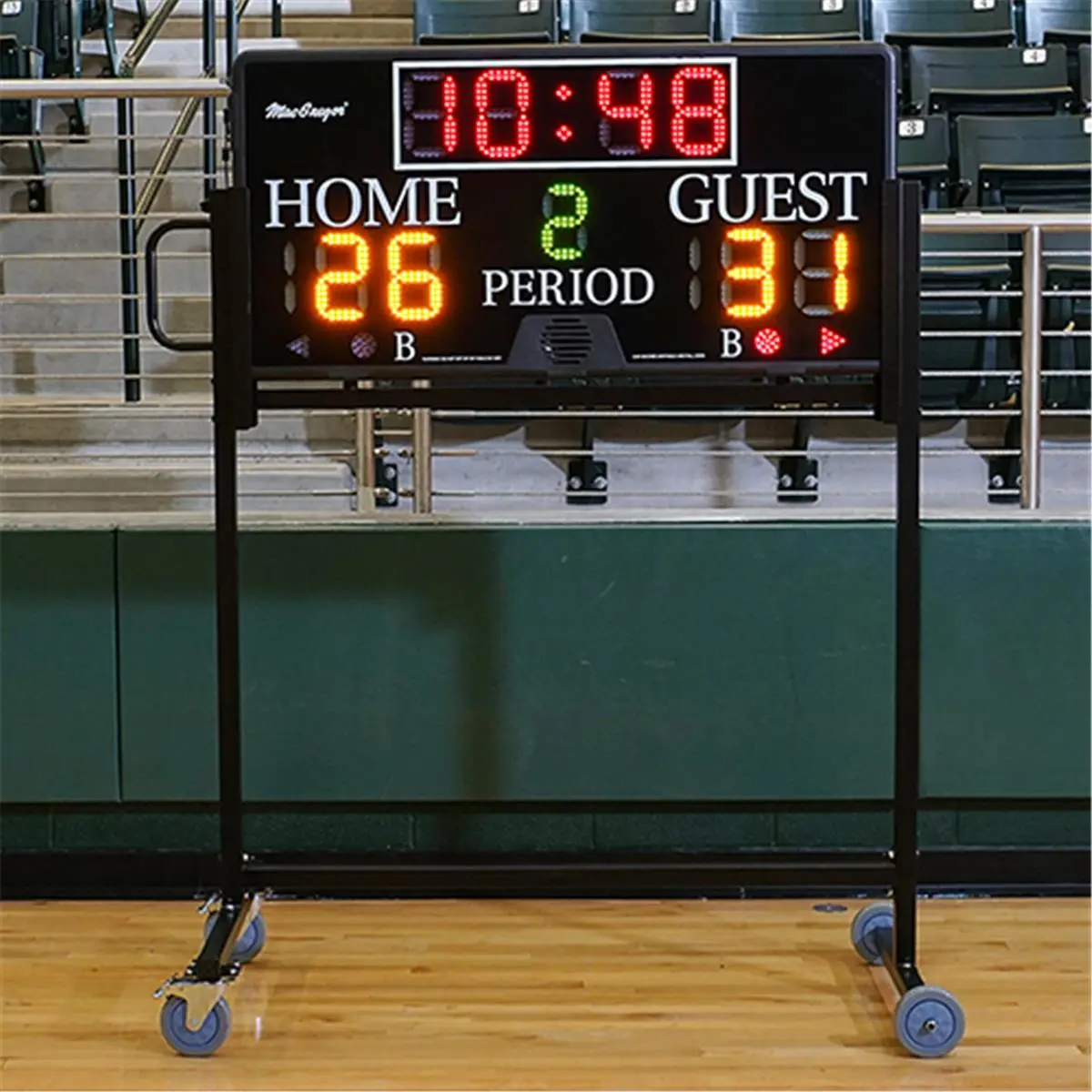 MacGregor Electronic Multi-Sport Indoor Scoreboard - 4'x2' Durable Plastic Cabinet, Plexiglass Face, 6" LED Numerals, 3-Digit Scoring, Wireless Remote (300' Range, 12 Frequency Settings), 100' Data Cable, Sport-Switching Controller (Last Minute Countdown)