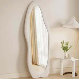 Full-Length Mirror with Stand – Irregular Wall Mounted & Floor Mirror with Flannel-Wrapped Wooden Frame Decor Glass