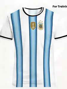 Argentina National Team Three-Star Football Jersey, Blue Striped Breathable Quick-Dry Training Shirt, Sporty Slim-Fitting T-Shirt