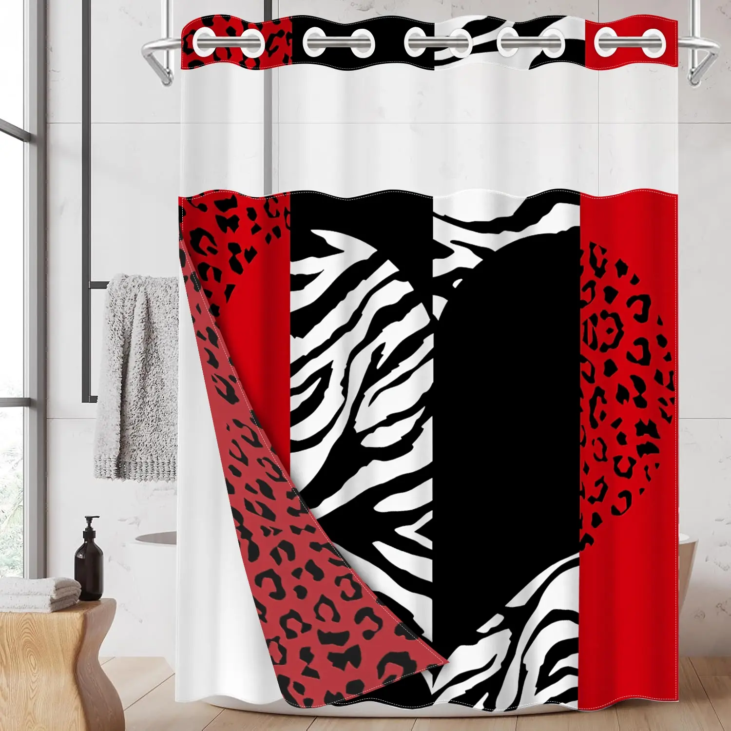 1pc 2D Flat Printing hookless shower curtain Hanging hanger liner Love Leopard Zebra Pattern Fabric waterproof lining shower curtain with transparent window, double-layer shower curtain, 71 x 74 inches, modern home curtain decoration