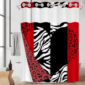 1pc 2D Flat Printing hookless shower curtain Hanging hanger liner Love Leopard Zebra Pattern Fabric waterproof lining shower curtain with transparent window, double-layer shower curtain, 71 x 74 inches, modern home curtain decoration