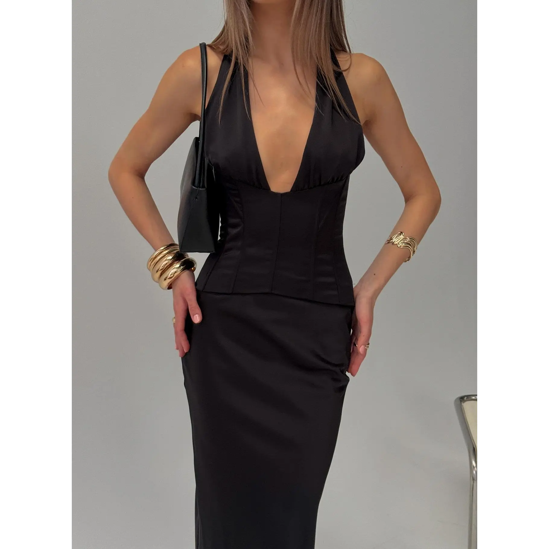 In A Trance Halter Corset Maxi Dress Black