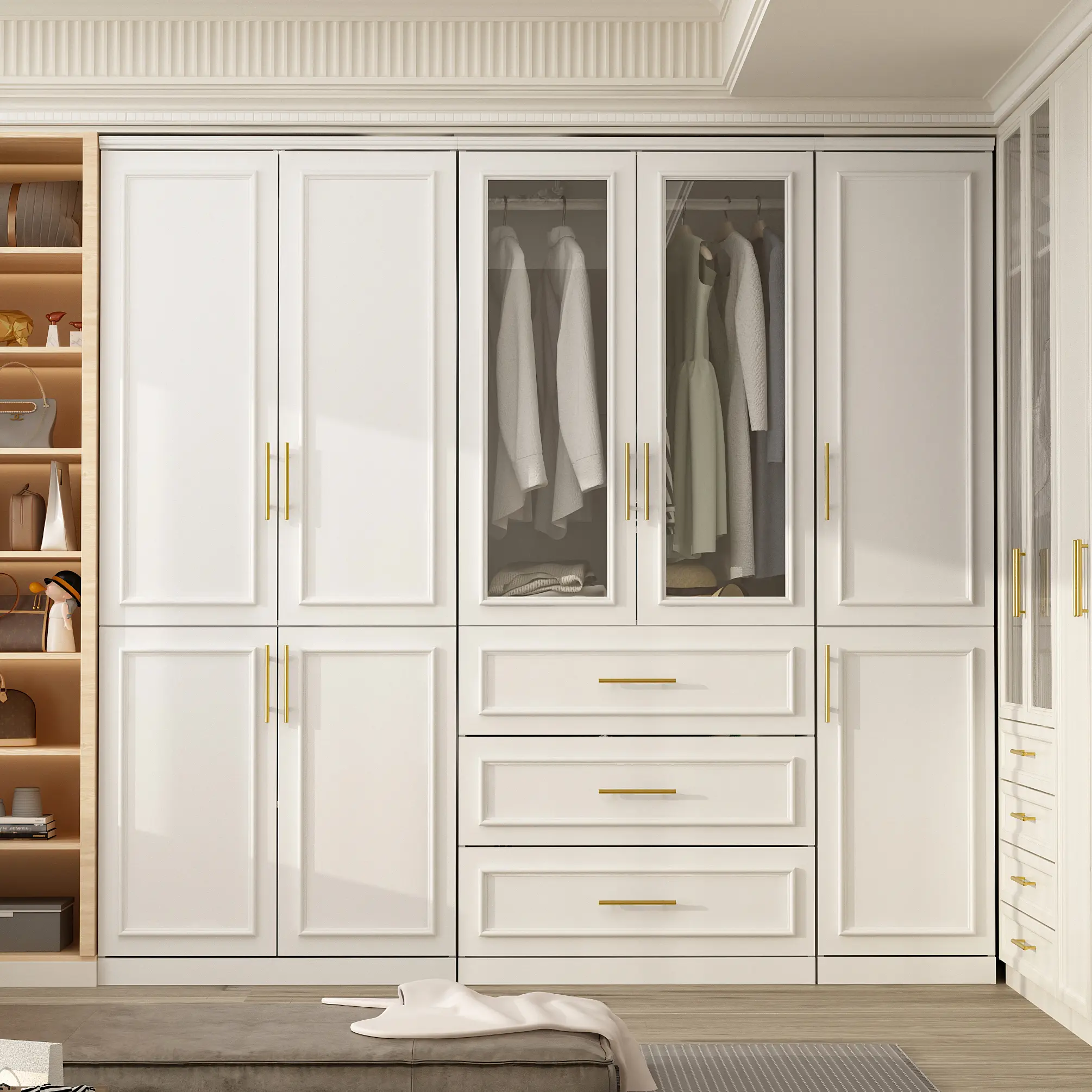 FUFU&GAGA 79.3"W Large Modular Wardrobe Closet Organizer Cabinet, Glass-Door Indoor Storage Armoire
