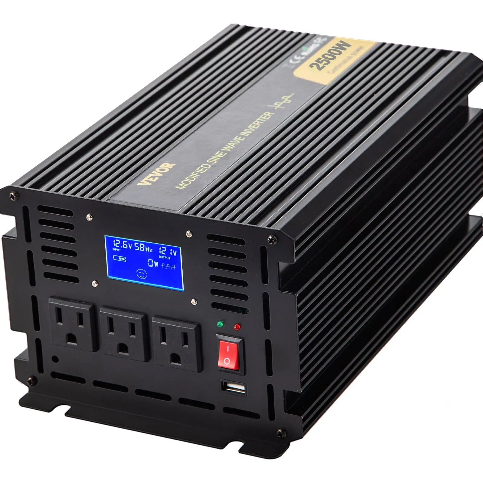 VEVOR Power Inverter, 2500W Modified Sine Wave Inverter, DC 12V to AC 120V Car Converter, with LCD Display, Remote Controller, LED Indicator, AC Outlets Inverter for Truck RV Car Boat Travel Camping