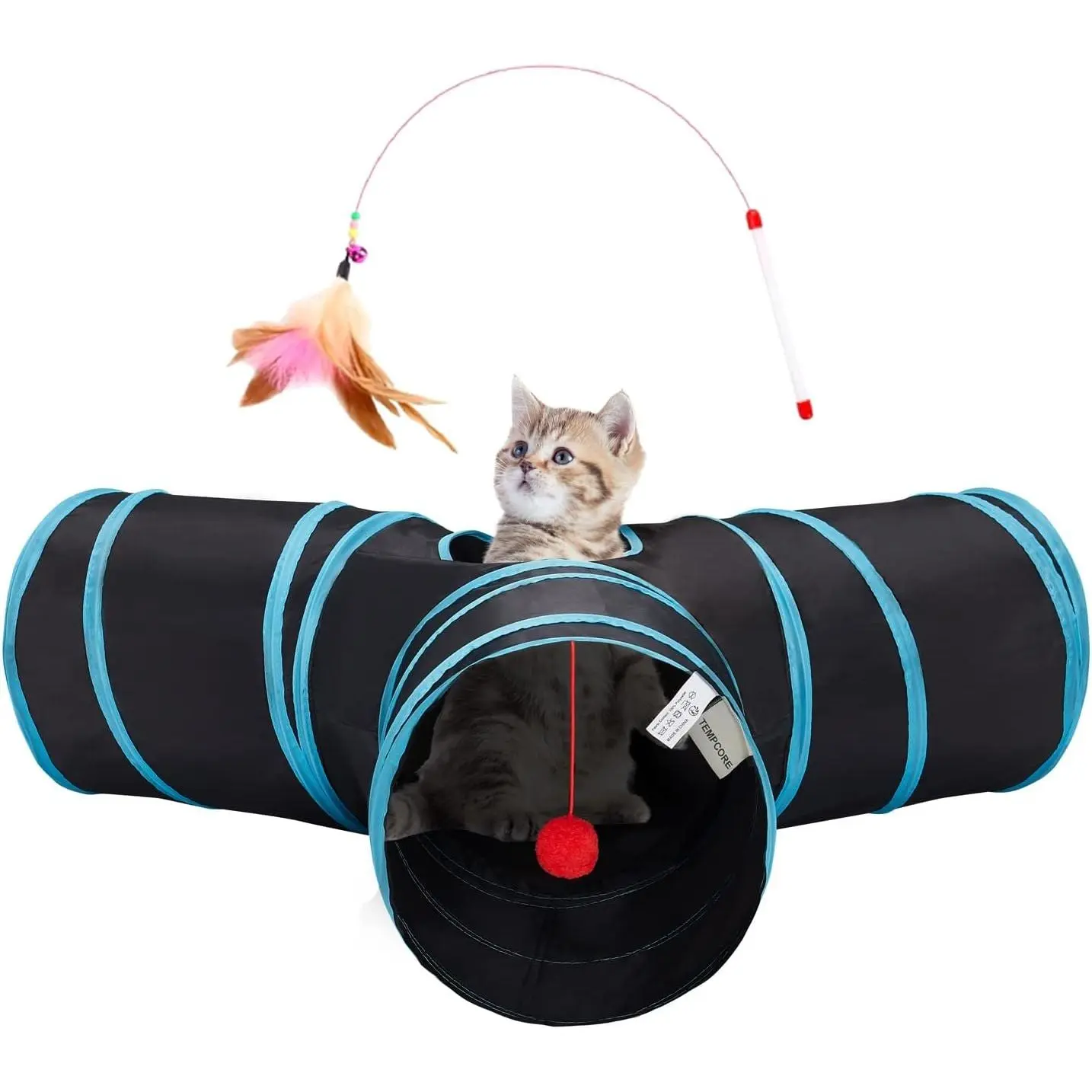 3-Way Collapsible Polyester Cat Tunnel for Indoor Cats - 10 Inches Tall Interactive Kitty Exercise Toy with Peek Hole, Toy Ball