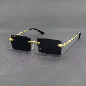 Luxury Rimless Rectangle Sunglasses Gold Metal Frame Black Lenses Stylish Eyewear for Men Women