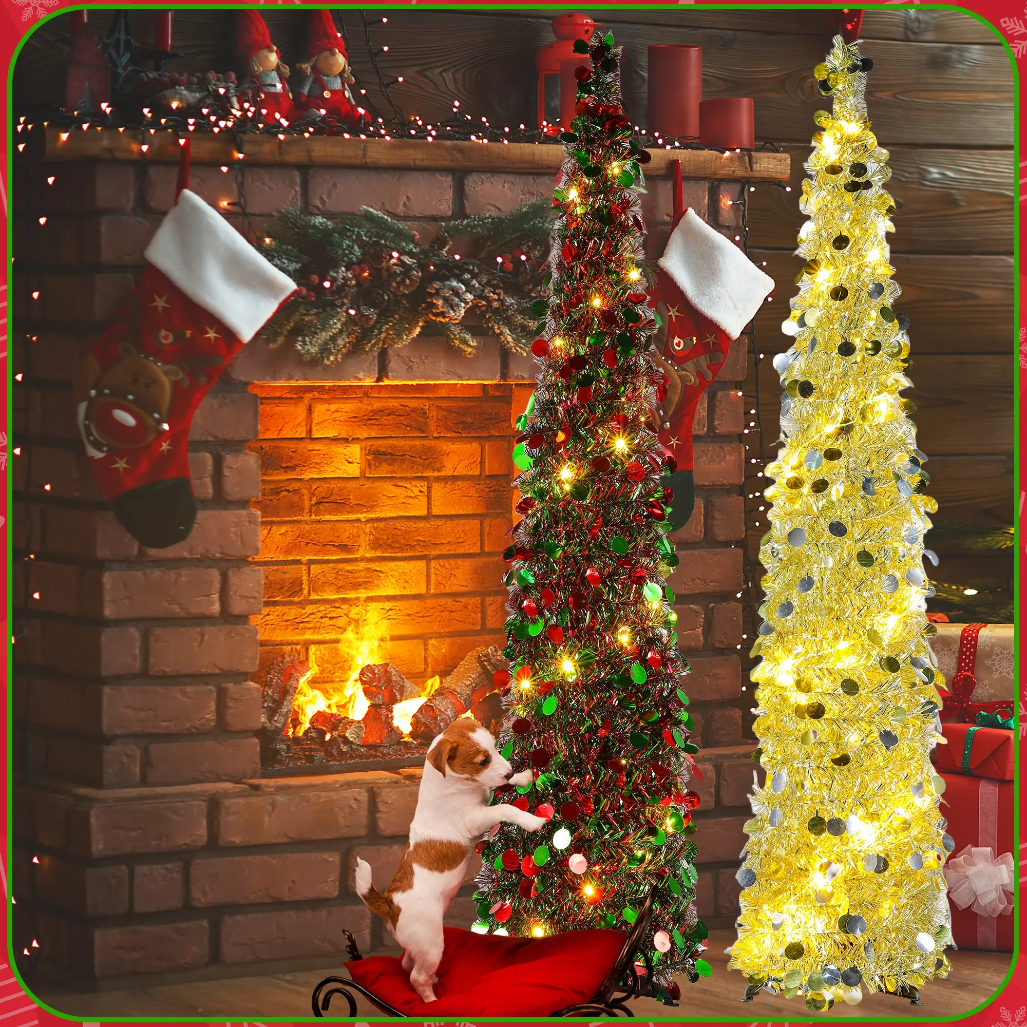 Foldable Christmas Tree, & LED Lights, Timer Function, Adjustable Flashing Modes, Indoor Outdoor Decoration