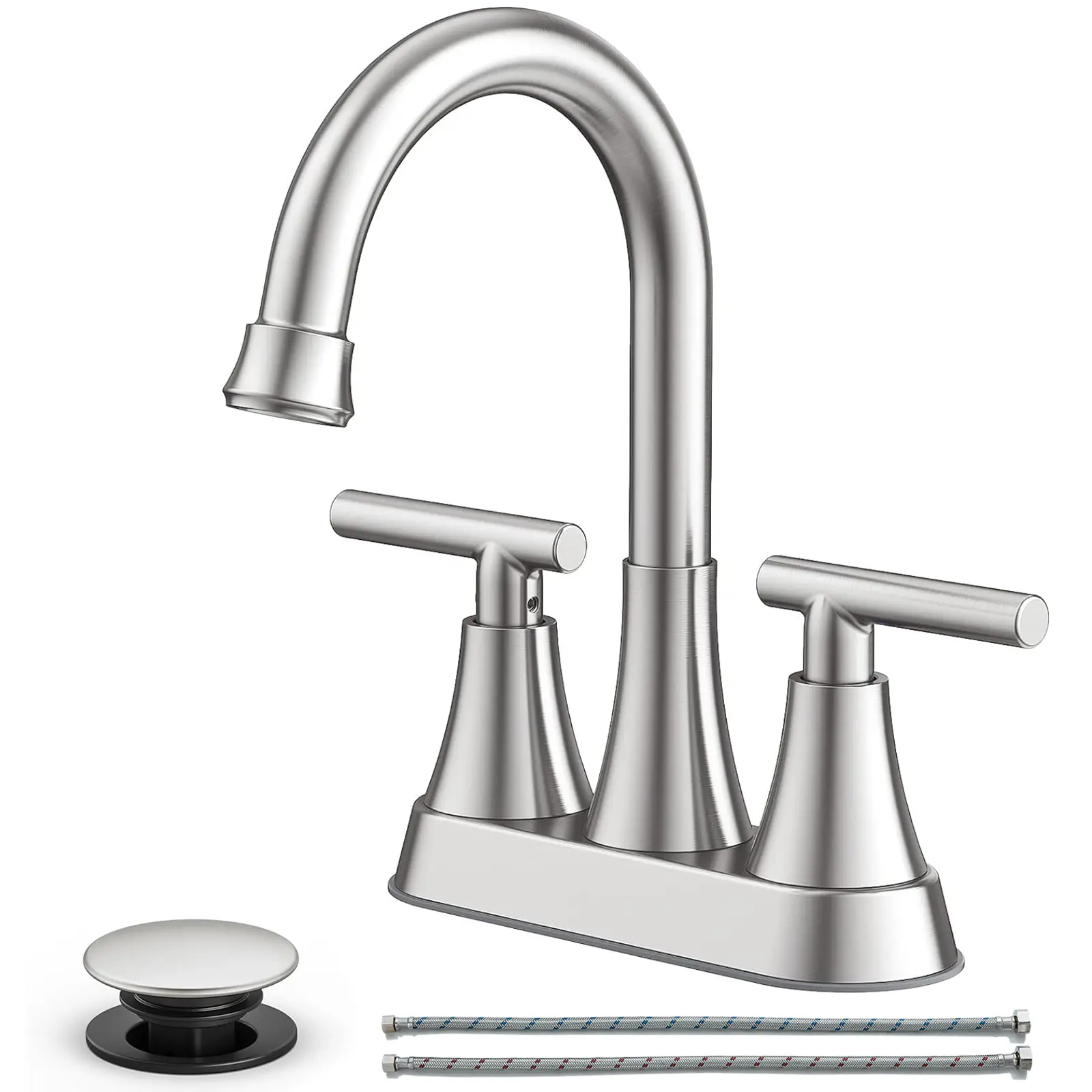 Bathroom Faucet, 4 inch Centerset 2-Handle Lead-Free, Brushed Nickel | Bathroom Sink Faucet with Pop-up Drain and Supply Lines, Stainless Steel Faucet for Vanity RV Restroom Laundry Outdoor Sink