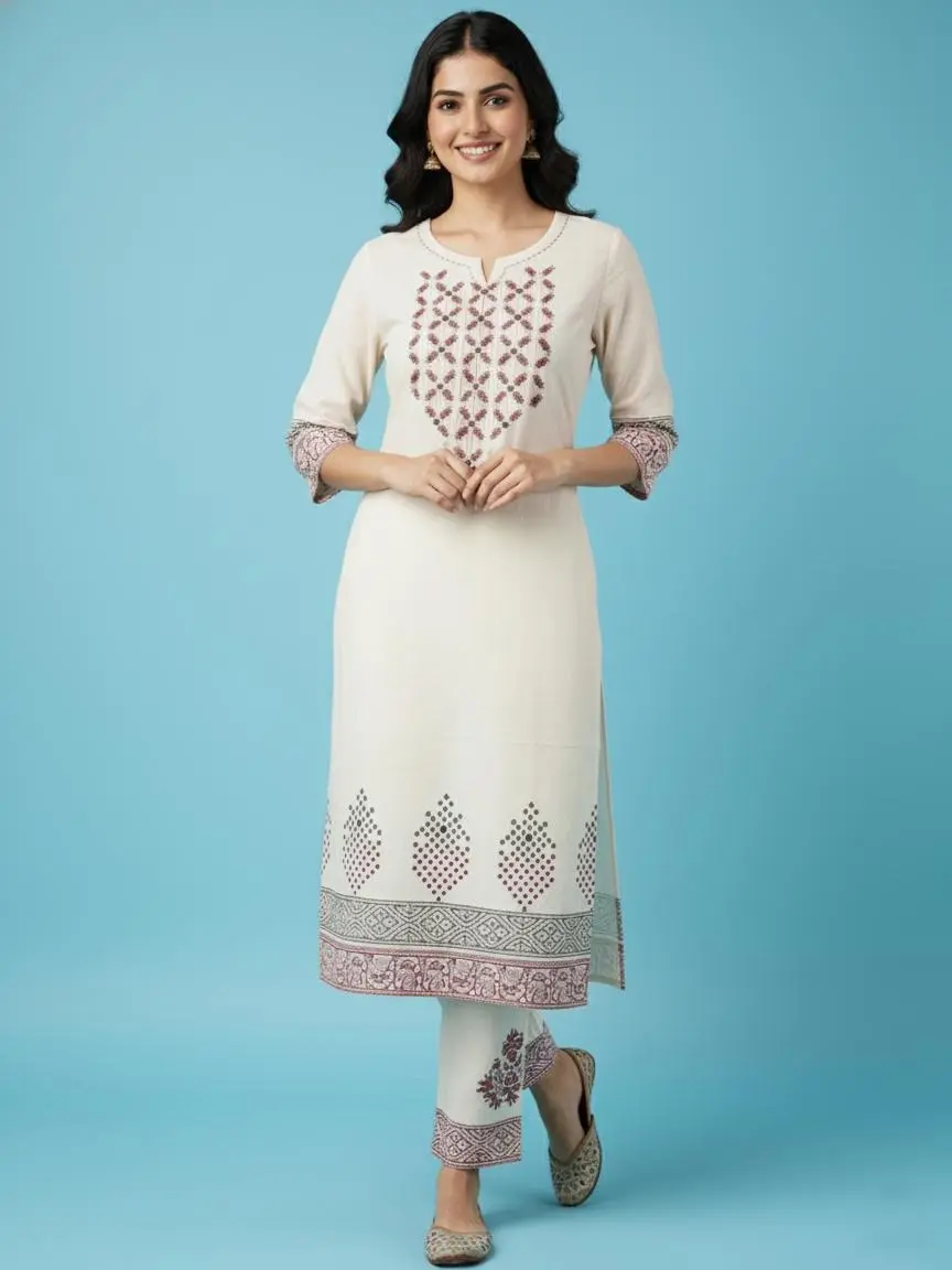 Women's Cotton Flex Kurti Pant 2-Piece Set - Round Neck, 3/4th Sleeves, Below Knee Length, Comfortable Fabric, Perfect Fit Clothes for Everyday Ethnic Modest Islamic Wear Bottom Included