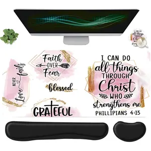 4pcs Christian Inspirational Quote Design Mouse Pad + Keyboard Wrist Rest + Ergonomic Mouse Pad + Coaster Set For Desktop Decoration, Office Accessories Set Ergonomic Wrist Support, Computer Mat Mouse Pad Coaster Suitable For Home Office Gaming Mousepad