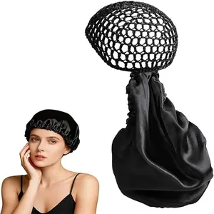 Non-Detachable Satin Hair Wrap & Net Duo – Adjustable Band for Silk Press, Curls & Braids, Reversible Satin & Handmade Netting,summervibes